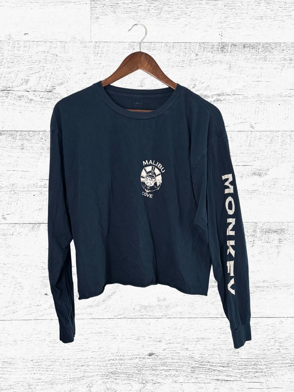 J. Galt Navy Long Sleeve 'Malibu Cove' Tee with White Sleeve Text